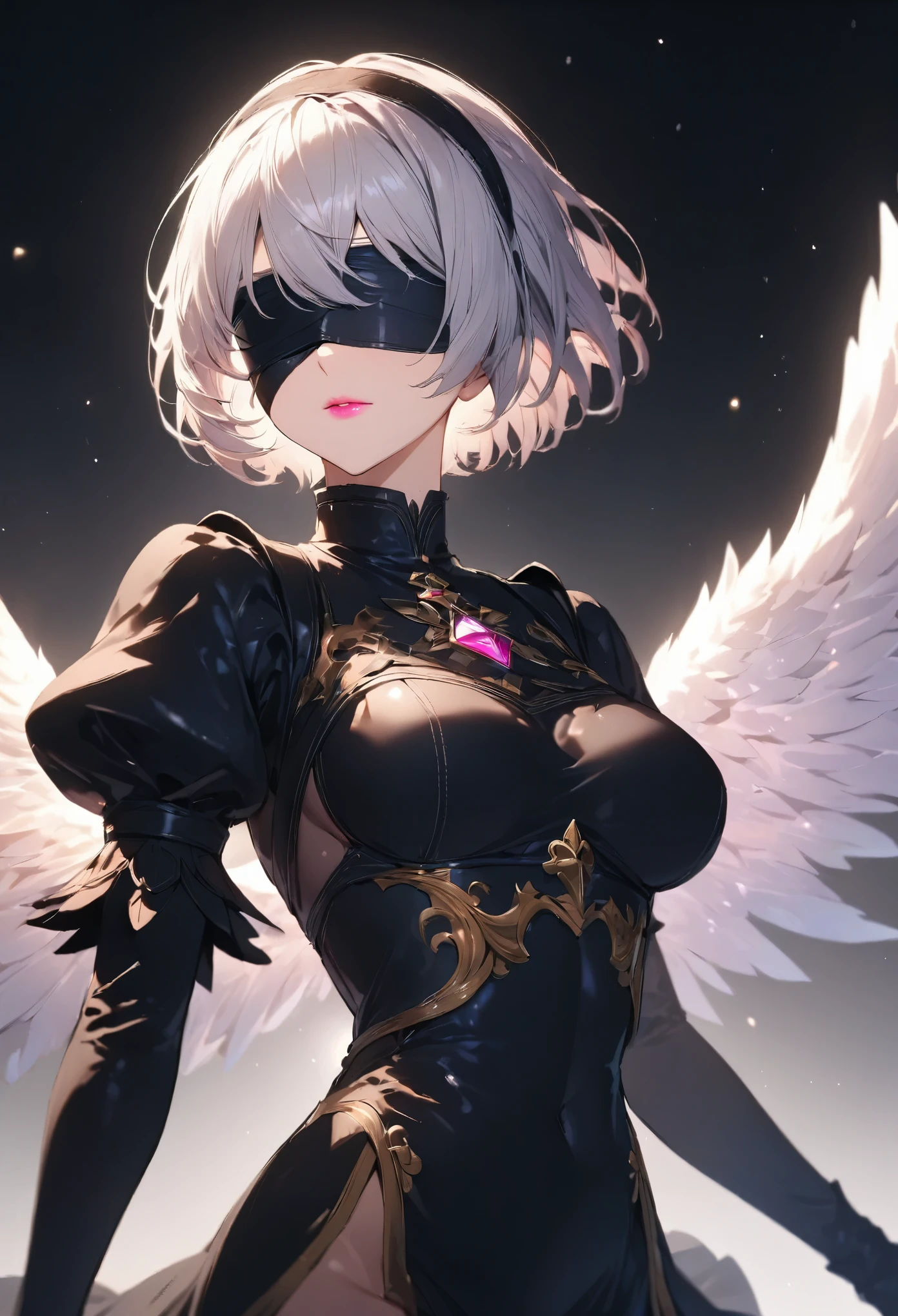 (One girl, alone, alone), (yorha no.2 Type B, 2B, One girl, alone, short hair, Gray Hair, hair band, Blindfold, eyes covered, black Blindfold), ((alone, (1 Female,Pink lipstick), Very detailed , Soft indirect lighting, 4K, Perfect Eyes, Perfect Face, Perfect lighting, The first girl)), ((Fitness, , Shapely body, huge firm bouncing bust)) , ((armor, Black Skirt, Black Swimsuit, Bodysuits, Gold Detail, gem, diamond, Emerald, sapphire, Ruby, amethyst, High heels, More Silver, Angel, Angelic, wing, Angel wing, Magi, fire, Casting a Spell, Shapely abdomen, Muscular abdomen))