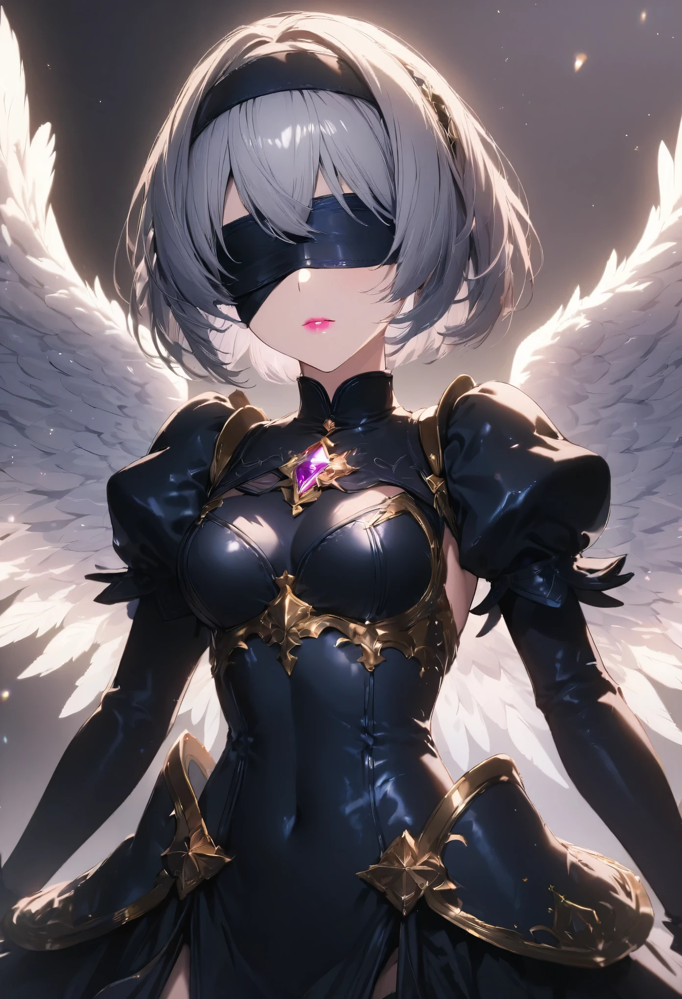 (One girl, alone, alone), (yorha no.2 Type B, 2B, One girl, alone, short hair, Gray Hair, hair band, Blindfold, eyes covered, black Blindfold), ((alone, (1 Female,Pink lipstick), Very detailed , Soft indirect lighting, 4K, Perfect Eyes, Perfect Face, Perfect lighting, The first girl)), ((Fitness, , Shapely body, huge firm bouncing bust)) , ((armor, Black Skirt, Black Swimsuit, Bodysuits, Gold Detail, gem, diamond, Emerald, sapphire, Ruby, amethyst, High heels, More Silver, Angel, Angelic, wing, Angel wing, Magi, fire, Casting a Spell, Shapely abdomen, Muscular abdomen))