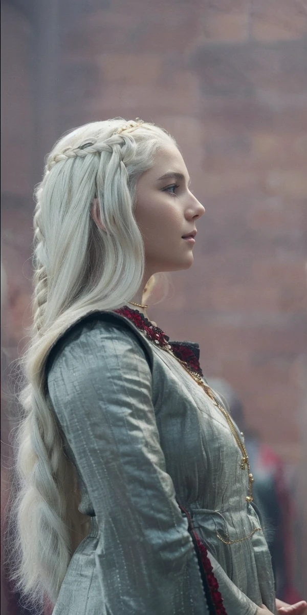 Girl with white wavy hair,side braids,beautiful necklace, Targaryen women hairstyle,beautiful gold tiara, red and black dress