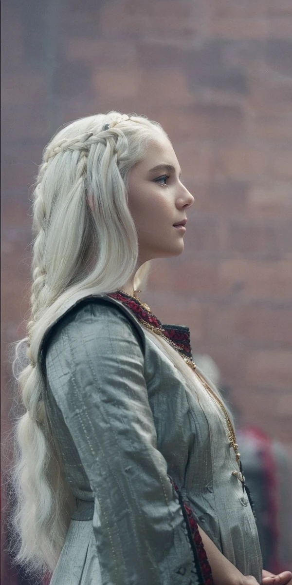 Girl with white wavy hair,side braids,beautiful necklace, Targaryen women hairstyle,beautiful gold tiara, red and black dress