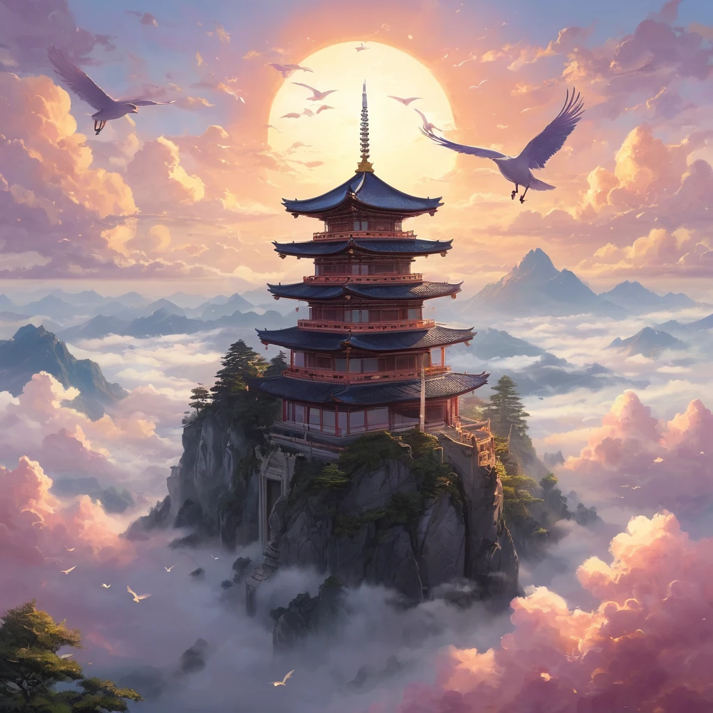 Create an awe-inspiring scene titled "Above A Sea Of Clouds." Picture a majestic mountain peak piercing through a thick, rolling sea of clouds. Atop the peak stands an ancient, weathered temple, its architecture blending seamlessly with the natural surroundings. The temple is adorned with golden accents that catch the sunlight, creating a radiant glow. In the sky above, a flock of mythical birds with luminescent feathers soars gracefully, adding an ethereal quality to the scene. The sun is either rising or setting, casting a palette of warm oranges, pinks, and purples across the sky and reflecting off the clouds below. The entire scene should evoke a sense of wonder and serenity, as if the viewer is witnessing a hidden, mystical world high above the ordinary. The colors should be vibrant yet harmonious, enhancing the dreamlike atmosphere of this celestial landscape.