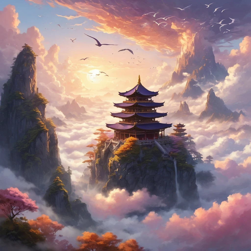 Create an awe-inspiring scene titled "Above A Sea Of Clouds." Picture a majestic mountain peak piercing through a thick, rolling sea of clouds. Atop the peak stands an ancient, weathered temple, its architecture blending seamlessly with the natural surroundings. The temple is adorned with golden accents that catch the sunlight, creating a radiant glow. In the sky above, a flock of mythical birds with luminescent feathers soars gracefully, adding an ethereal quality to the scene. The sun is either rising or setting, casting a palette of warm oranges, pinks, and purples across the sky and reflecting off the clouds below. The entire scene should evoke a sense of wonder and serenity, as if the viewer is witnessing a hidden, mystical world high above the ordinary. The colors should be vibrant yet harmonious, enhancing the dreamlike atmosphere of this celestial landscape.