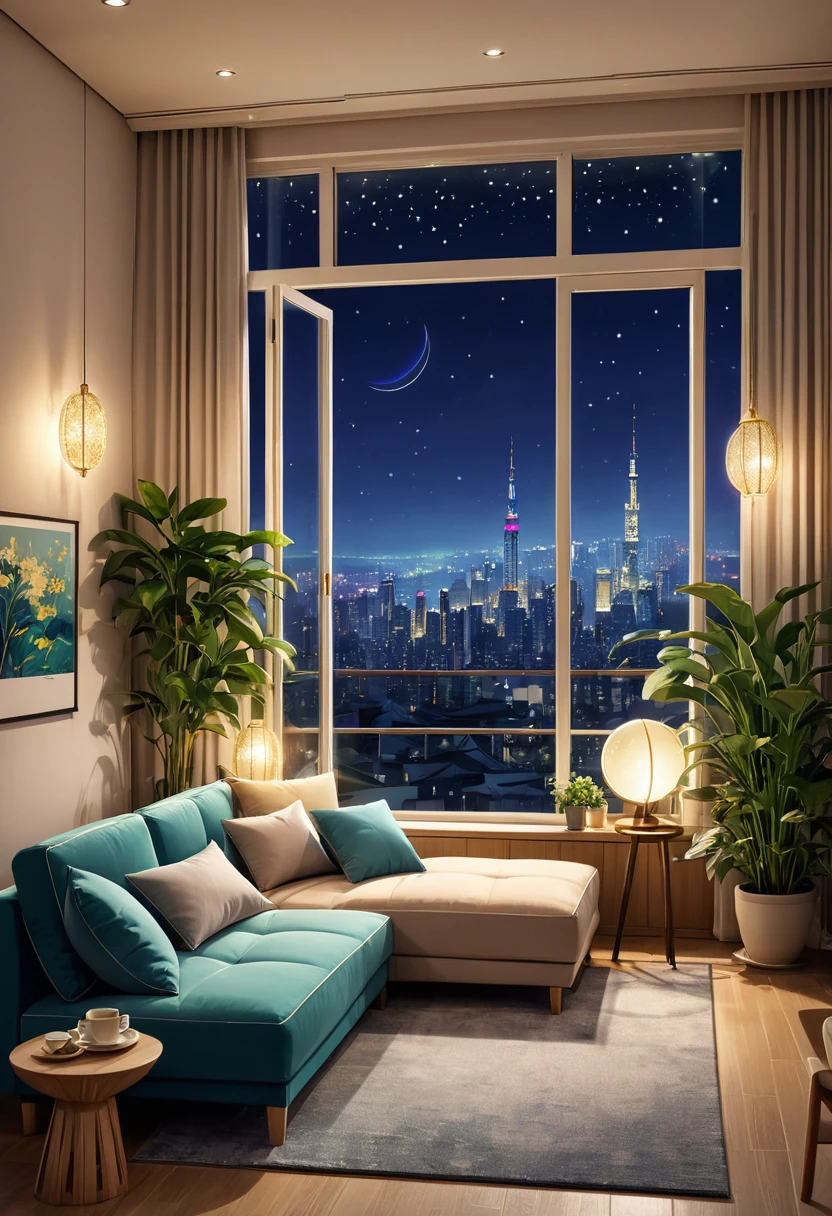 Illustration of a room with one large stylish window at the front。A beautiful night view spreads out from the window.、The city lights are shining brightly。The interior is a relaxing and warm space.、Soft lighting and relaxing interior design。Sofas and cushions、There are ornamental plants arranged、The atmosphere is so pleasant that you'll want to gaze upon it for hours.。The night view outside is of skyscrapers and neon lights.、I can see the starry sky、It feels like I'm in a dream。lofi