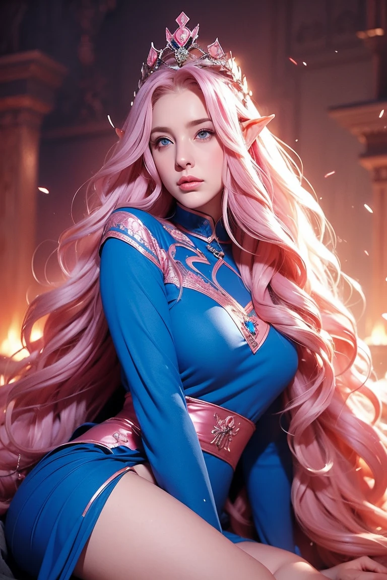 Woman, long wavy hair, pink hair, blue eyes, empress, crown, chin up, thoughtless, serious, serious expression, Authoritarian, elf, Medieval setting, elf, Curvy, thick thighs
