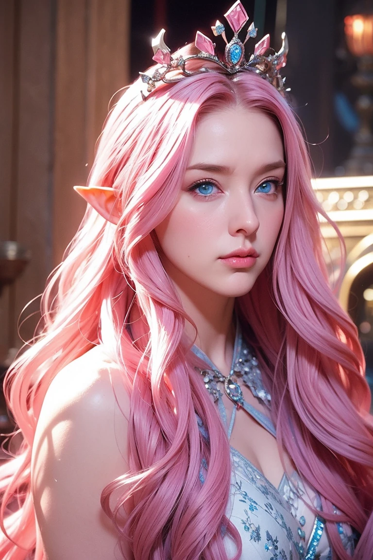 Woman, long wavy hair, pink hair, blue eyes, empress, crown, chin up, thoughtless, serious, serious expression, Authoritarian, elf, Medieval setting, elf, Curvy, thick thighs