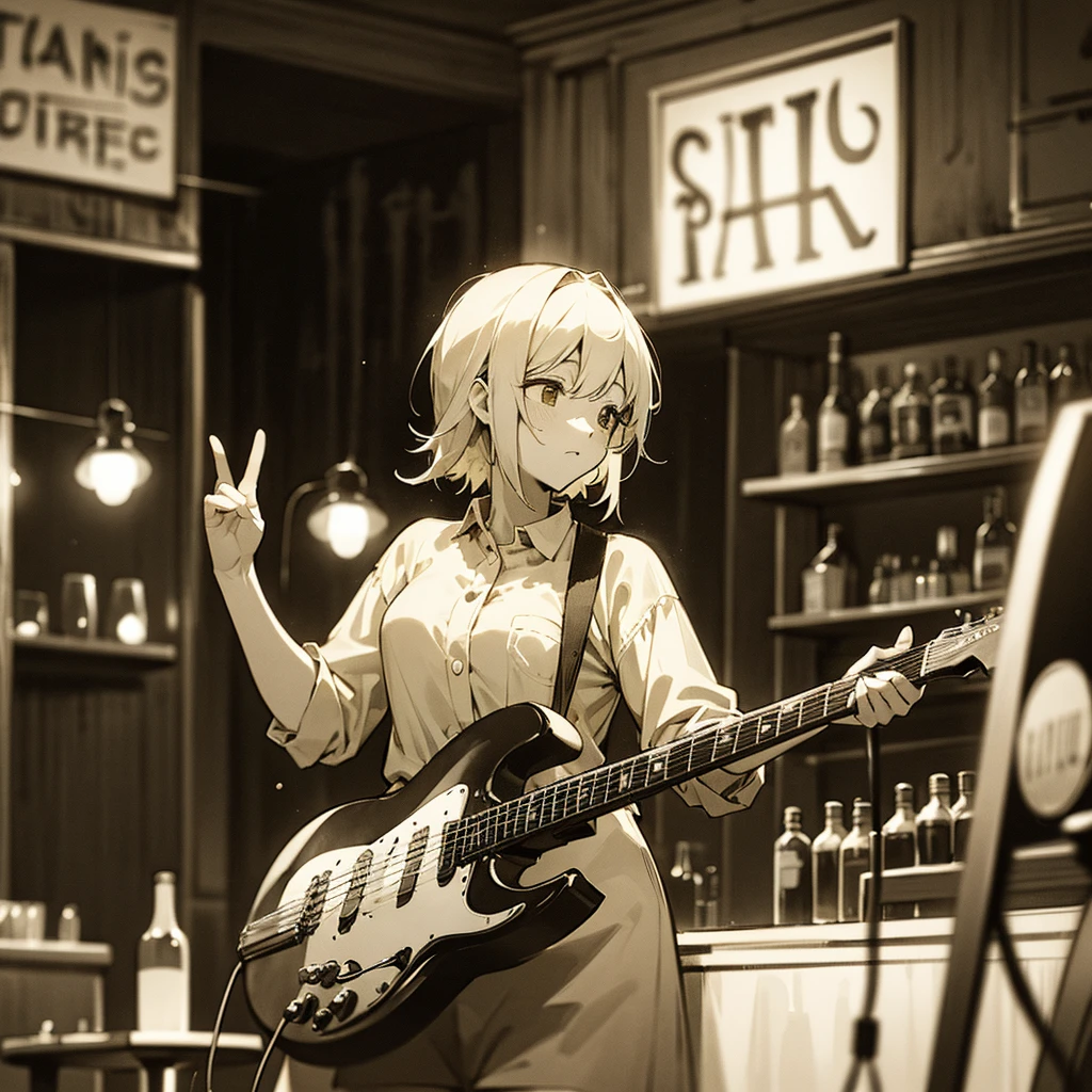 Vignette, Old image style, a band playing in a bar, old periodic yellow tint