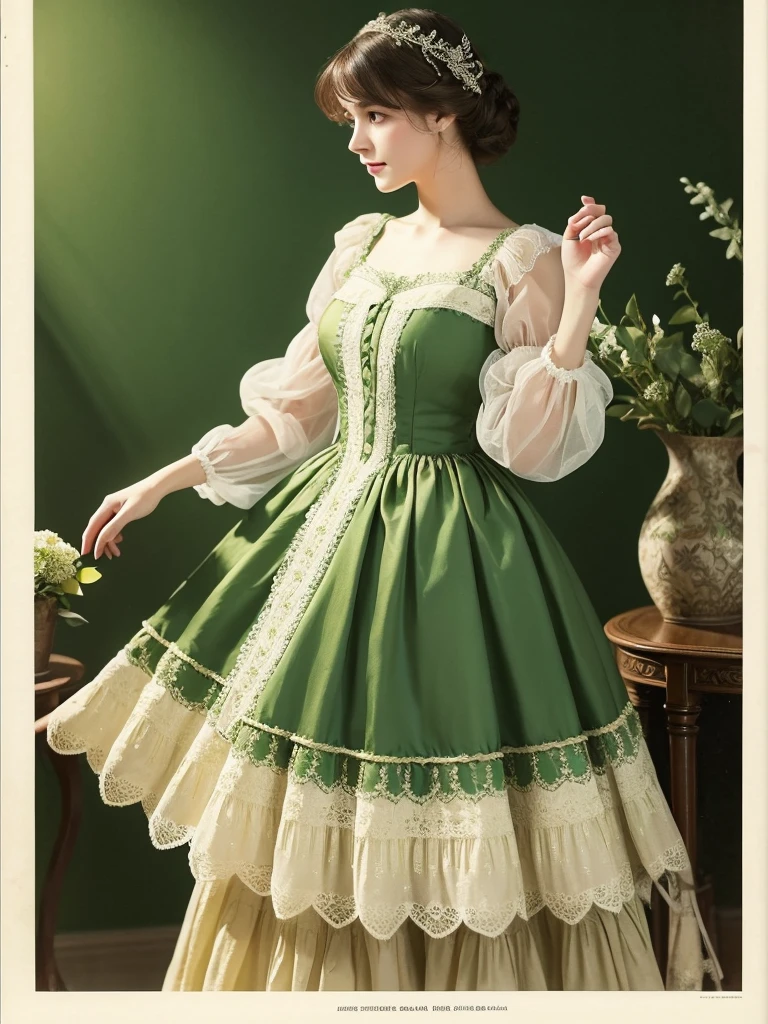 ((high quality work)), The writing is clear and concise, The green dress and the beautiful pleated lace complement each other., Enrich the overall picture, The elegant Edwardian lace dress and princess skirt add a lot of charm to the character., Gesture of turning the back of the hand , It also expresses the gentle and elegant side of women..