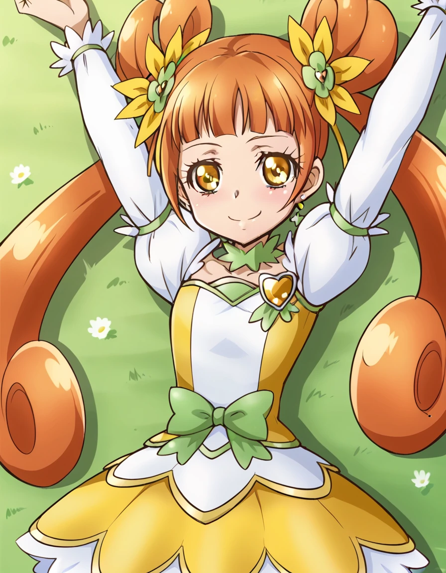 curerosetta, shiny skin, high quality, solo, lying, on back, arms up, spread arms, closed mouth, on grass, cowboy shot, looking at viewer, nervous, smile, best quality,