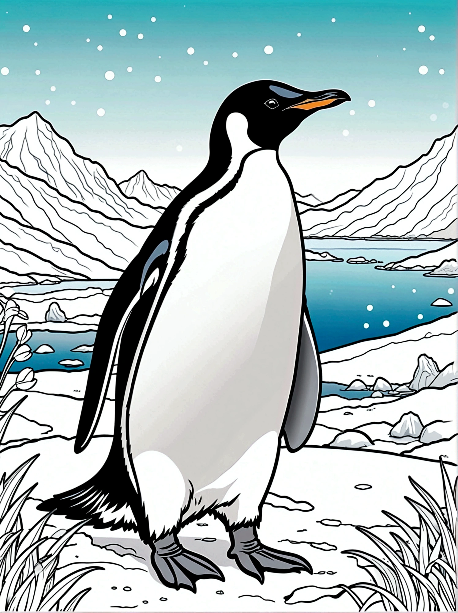 As a coloring book. White background, black and white, line drawing. No coloring. Borders should be simple, clear, distinct, and thick lines. By Cartoon style of penguin, tuxedo-like appearance, icy landscape, snowdrops.