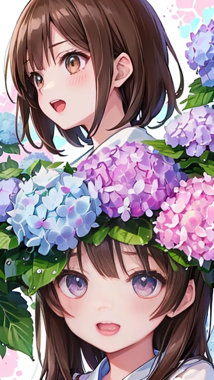 Highest quality, masterpiece, Ultra-high resolution, 8k, Show anime style , 1 girl, Soft line drawing, Digital Enhancement, shojo anime touch, shojo manga core, Flowing fabric, close, Soft Drawing, Ultra High Definition Digital Anime Art, Clear facial depiction, Highly detailed girl manga character art, Ultra-detailed manga style, Highest qualityの色, (Short brown hair)),, Beautiful brown hair, Clear brown eyes, A little chubby,Small breasts,Small butt, Open mouth and show teeth and smile 、Purple outfit、Rainfall,Hydrangea garden,Water droplets fall、Wet your hair ,(((Gazing at the hydrangea flowers beside the road))), (Close-up profile)