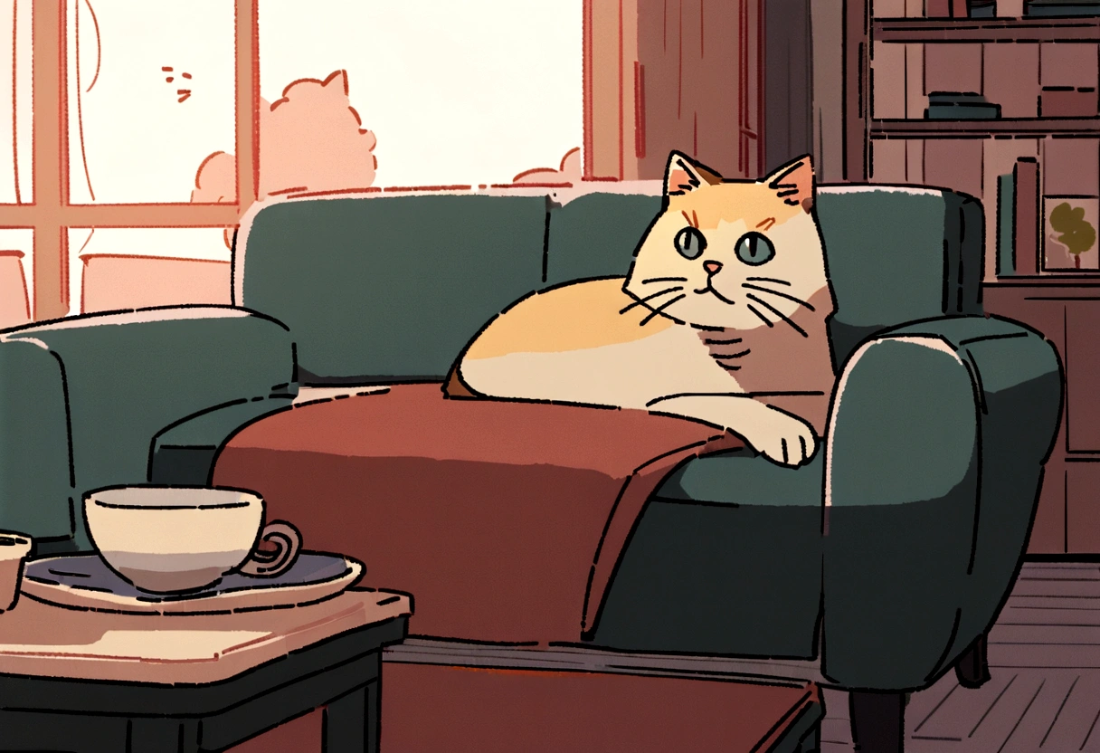 The cat was lying on the chair in the room., Cozy place, Relax on the sofa, Cozy home background, Cat sitting on a chair, Relax on the sofa, In a cozy home, Sitting on the couch, Cozy living room background, Lo-fi illustration style, In a comfortable chair, Sitting on the sofa, Sitting on the couch