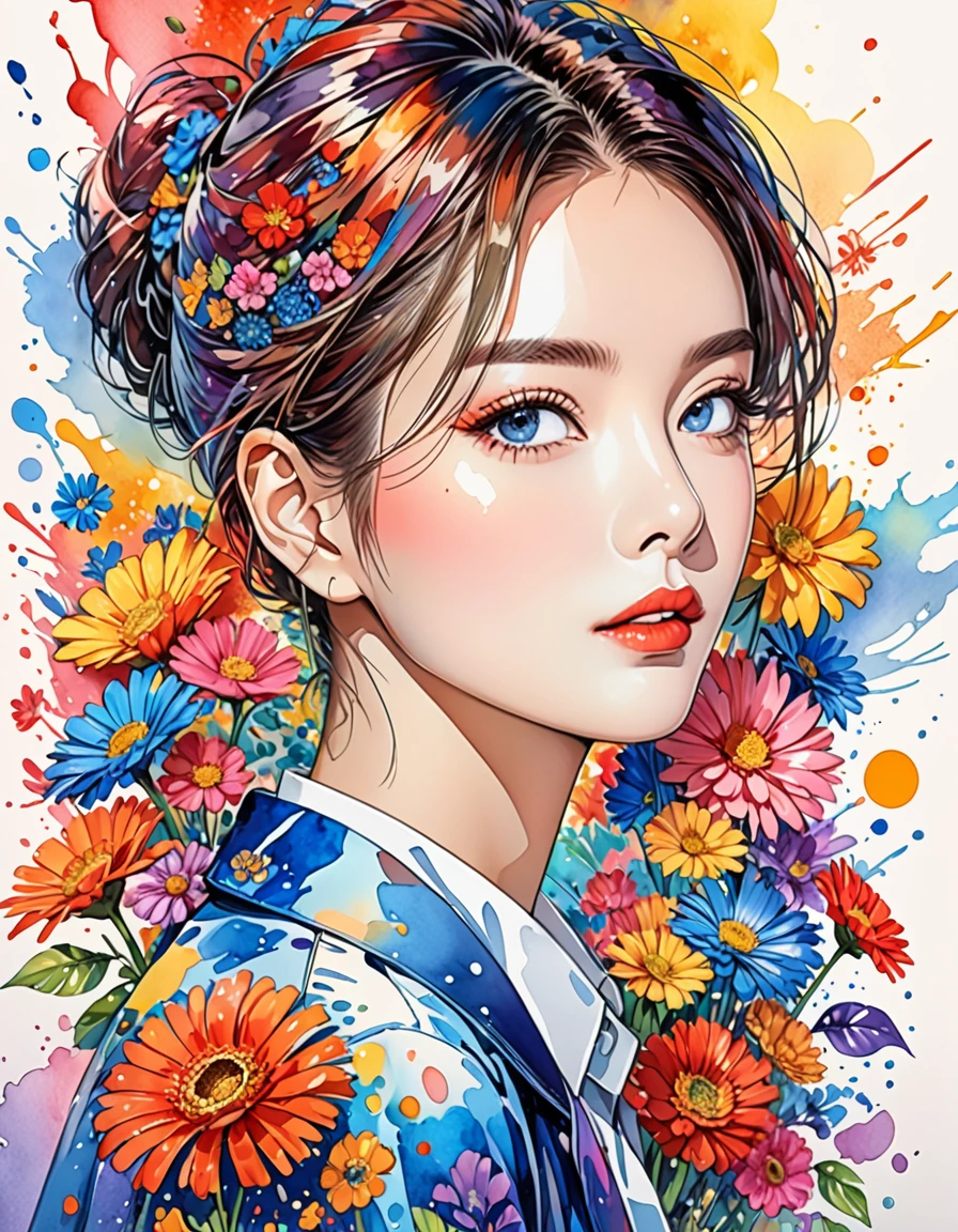 Hiromi Matsuo Style、(((stylish fashion))), 8K Quality、Intense watercolor, Detailed watercolor art, Watercolor splash, Surreal, avant-garde pop art, Beautiful and expressive paintings, Beautiful artwork illustration, Very colorful tones, wonderful, Cool beauty, highest quality、Official Art, Vector art, Stylish design, (((The most beautiful man))), (((highest quality))), HDR, ((detailed)), (((Doodle Art)), ((masterpiece)), ((Super detailed)), (((Colorful flowers))),(((Stylish)))