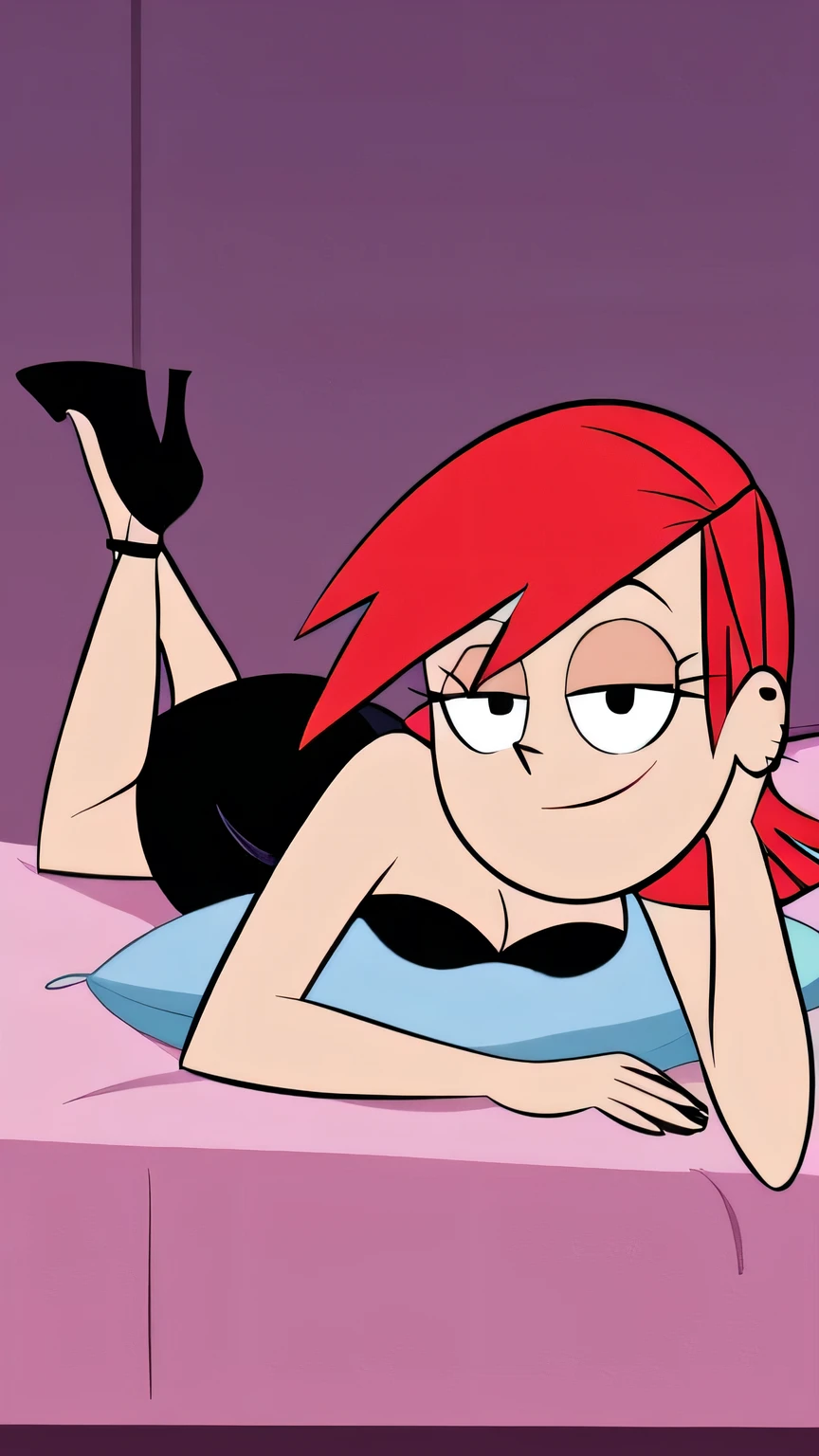 FrankieFoster, red medium hair, red bob hair cut, black eyes, solo, strapless black dress, smug, chocker, beautiful, cleavage, blue pillow, black chocker, seductive smile, looking at viewers, black high heels, lying in pink bed,