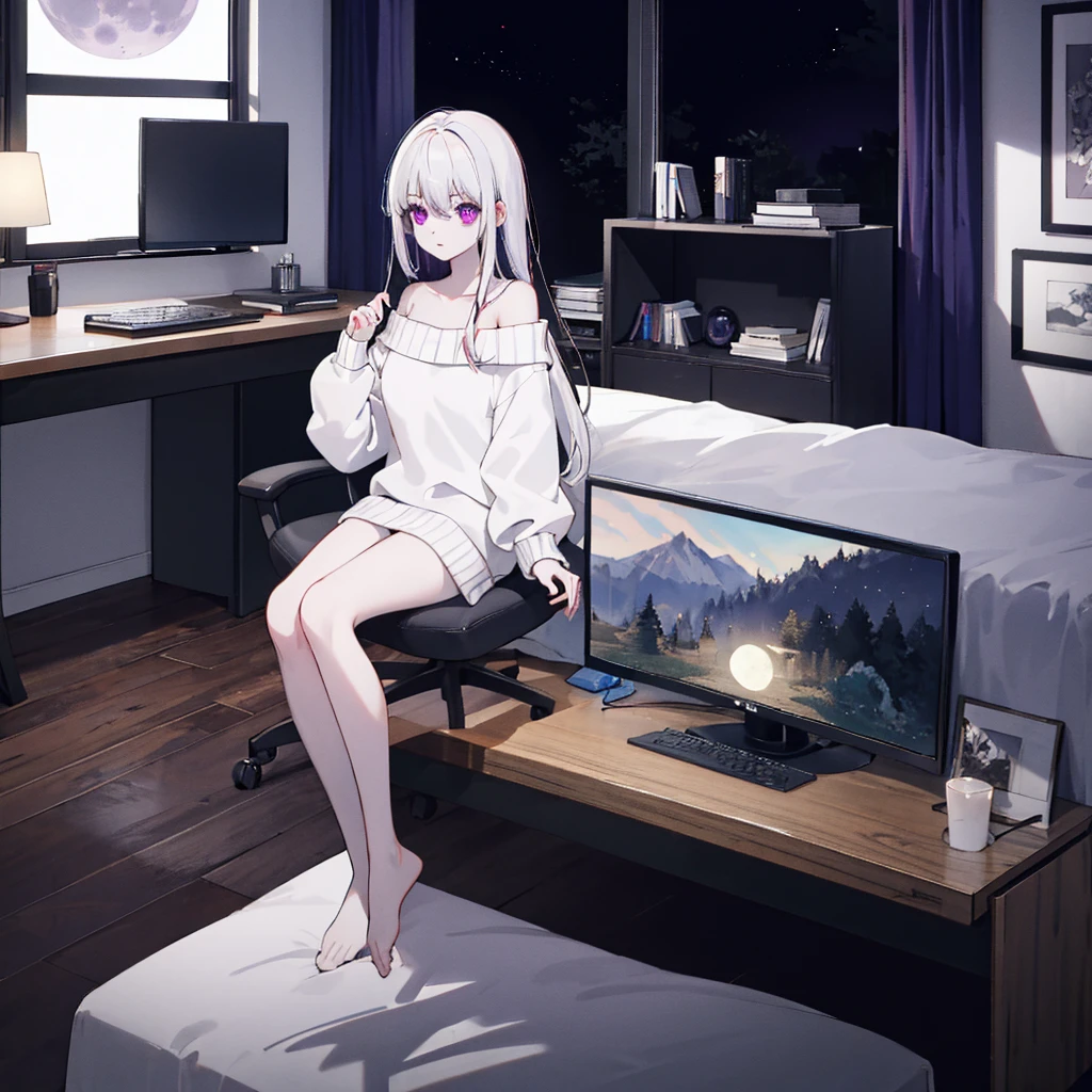 ((Best quality)), ((masterpiece)), (detailed), 1 girl, short off-shoulder sweater, attractive girl, slender legs, Violet eyes, albino, night time, white-haired, full length, streamit shooter, table, 2 monitors, gaming computer, Bed, moon in the window