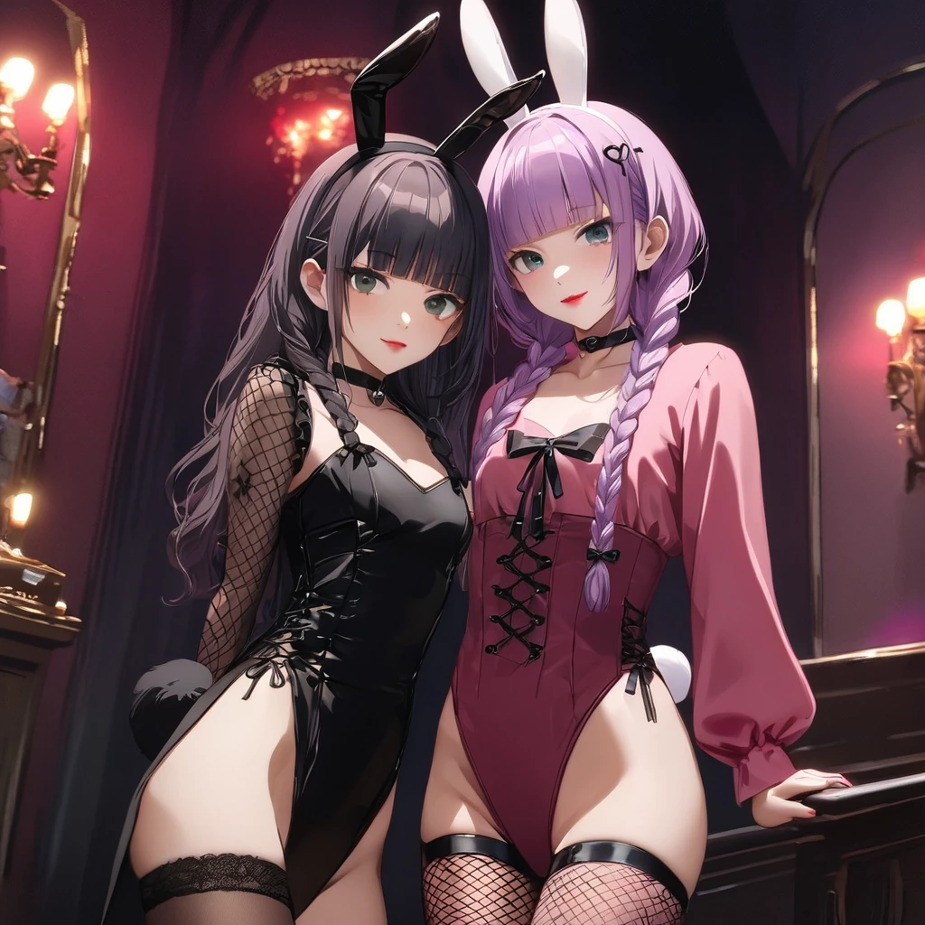 (yuri 2girls:1.5), (one girl with closs hair pin,pale purple hair,wavy two braids,blunt bangs hair,green and black eyes,
pink shirt,cosplay, jirai kei, bangs, black skirt, black bow, looking at viewer, bow, long sleeves, choker, ribbon,pink lips, :1.4),(other girl with pale purple hair,wavy two braids,blunt bangs hair,green and black eyes, red lips,Black bunny girl costume, red high heels,High leg, fishnet stockings, white bunny tail, black bunny ears, front view:1.4 ), (masterpiece:1.3), anime visual, (Lovey-dovey:1.5), (tilt head:1.3), extremely delicate face, soft clean focus, realistic lighting and shading, (an extremely delicate and beautiful art:1.3), elegant, (muted colors:1.1), small breast,slim,The Moulin Rouge in Paris, mysterious pink light, a slightly dark room,look at viewer,smiling,night lit,