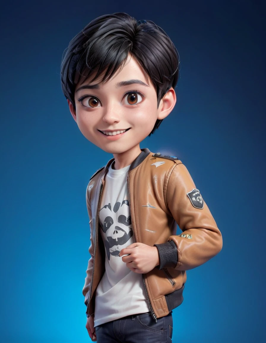 Create a 3D animation of a cartoon caricature with a big head. a 19 year old Indonesian man. She has short black pixie cut hair. His face is oval with smooth lines, thick and neat black eyebrows, normal eyes, a small, sharp nose, and thin lips with a wide, friendly smile. He wore a light brown leather jacket over a white t-shirt. Gradient blue background with professional lighting. masterpiece, top quality, highly detailed skin and face, ultra-realistic, high definition, studio lighting, sharp focus, 2/3 body angle, Concept Art, 3D rendering.