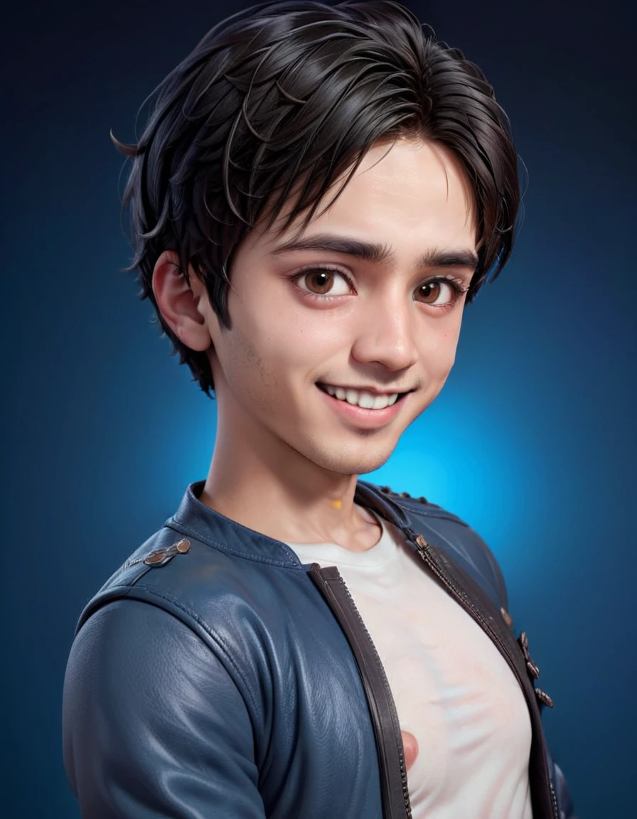 Create a 3D animation of a cartoon caricature with a big head. a 19 year old Indonesian man. She has short black pixie cut hair. His face is oval with smooth lines, thick and neat black eyebrows, normal eyes, a small, sharp nose, and thin lips with a wide, friendly smile. He wore a light brown leather jacket over a white t-shirt. Gradient blue background with professional lighting. masterpiece, top quality, highly detailed skin and face, ultra-realistic, high definition, studio lighting, sharp focus, 2/3 body angle, Concept Art, 3D rendering.