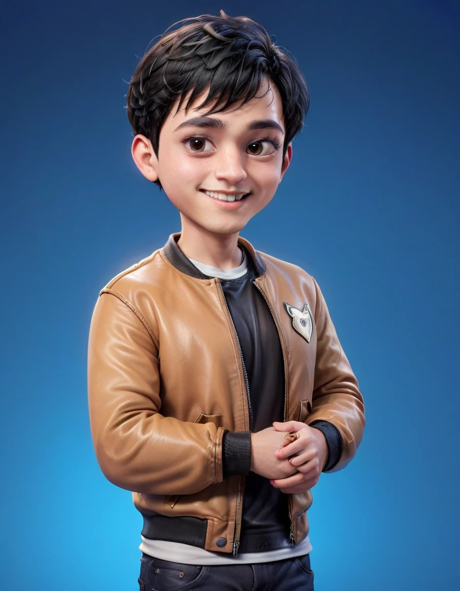 Create a 3D animation of a cartoon caricature with a big head. a 19 year old Indonesian man. She has short black pixie cut hair. His face is oval with smooth lines, thick and neat black eyebrows, normal eyes, a small, sharp nose, and thin lips with a wide, friendly smile. He wore a light brown leather jacket over a white t-shirt. Gradient blue background with professional lighting. masterpiece, top quality, highly detailed skin and face, ultra-realistic, high definition, studio lighting, sharp focus, 2/3 body angle, Concept Art, 3D rendering.