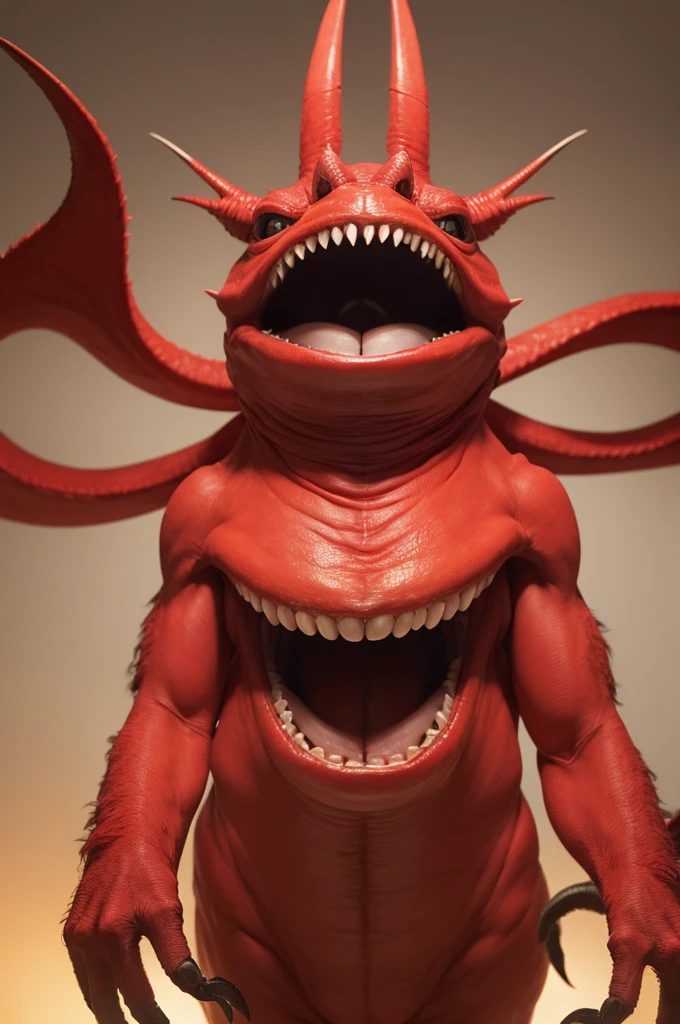 make a picture of a 2 meter tall monster; corpo coberto de pelos vermelhos; just one big eye in the center of the head; uma boca grande e dentes afiados no meio da barriga; long arms; and big claws on the hand.