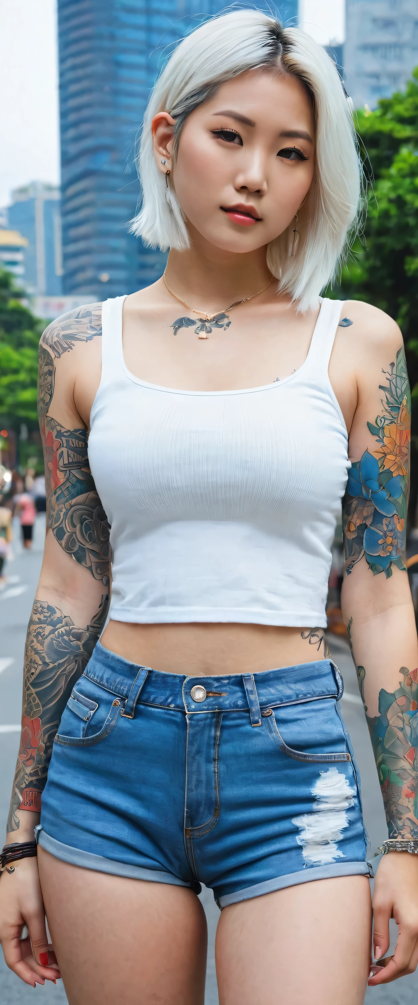 1girl, solo, (best quality, 4k, Masterpiece, ultra detailed, RAW quality), arafed woman with tattoos and a white top standing on a city street, perfect white-haired girl, pale hair, wearing a sexy crop top, beautiful body full, beautiful abdomen, beautiful and perfect legs, shorts, worn blue denim shorts, abdomen of Taiwanese girl with tattoos, Korean girl, beautiful perfect and realistic full body, blonde goddess, sexy look, with tattoos, with short top, tattooed , with long white hair.