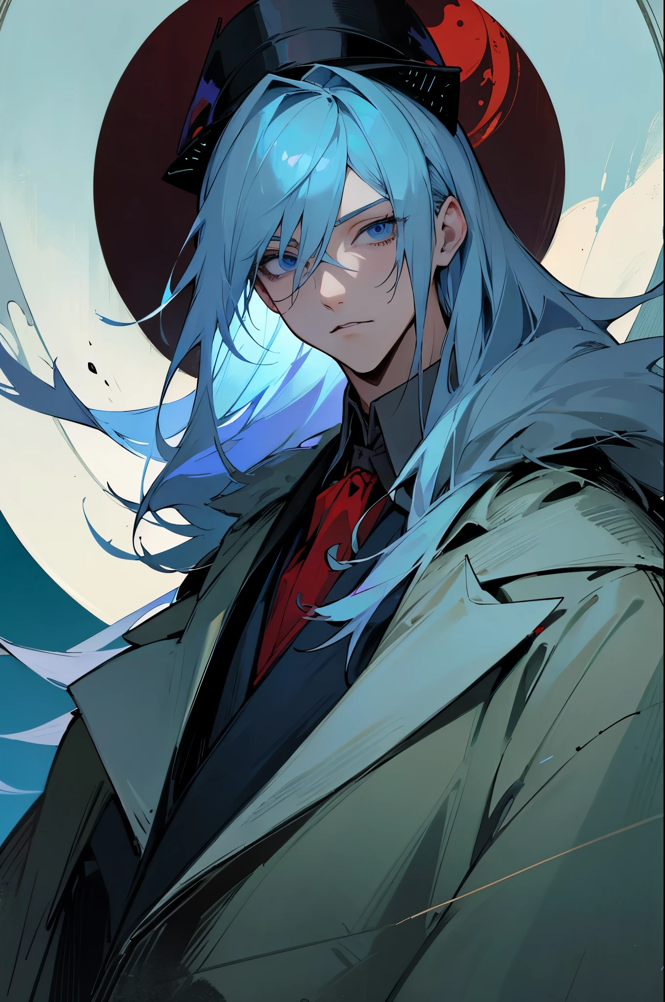 dottore, 1boy, eye mask, light blue hair, fur-trimmed coat, male focus, blood on clothes, blood, solo, detailed face, looking at viewer, potrait, upper body, dark, night, moon, forest, (masterpiece:1.2, best quality)