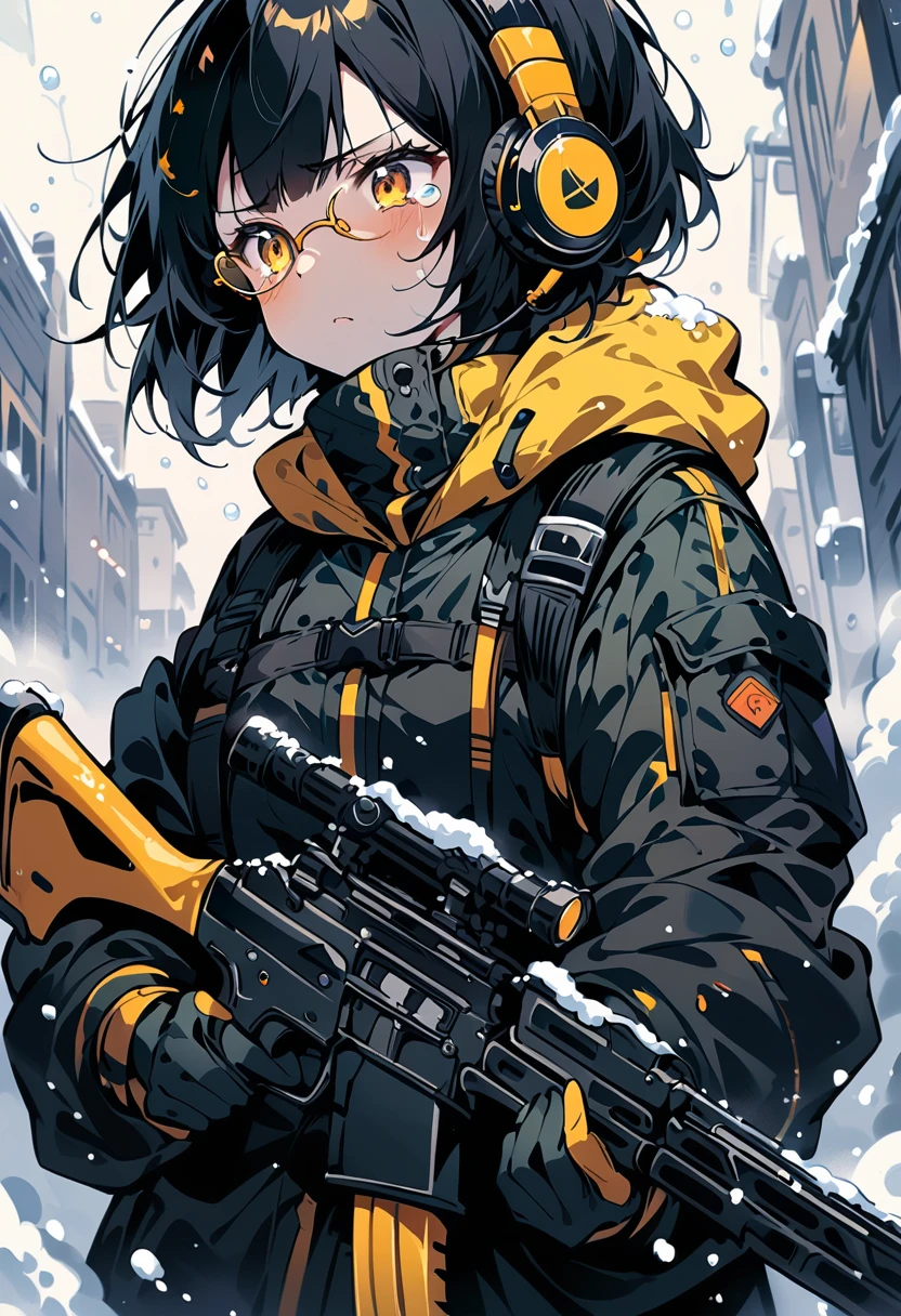 (extremely detailed fine touch:1.3), kawaii girl, (super very black short hair:1.3), (yellow glasses:1.3), underrim_metal, headphones, holding a rifle, falling snow, tearful, serious atmosphere, (snow:1.3)