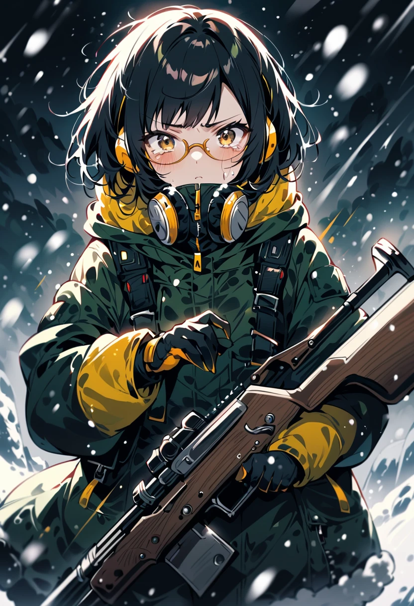 (extremely detailed fine touch:1.3), kawaii girl, (super very black short hair:1.3), (yellow glasses:1.3), underrim_metal, headphones, holding a rifle, falling snow, tearful, serious atmosphere, (snow:1.3)