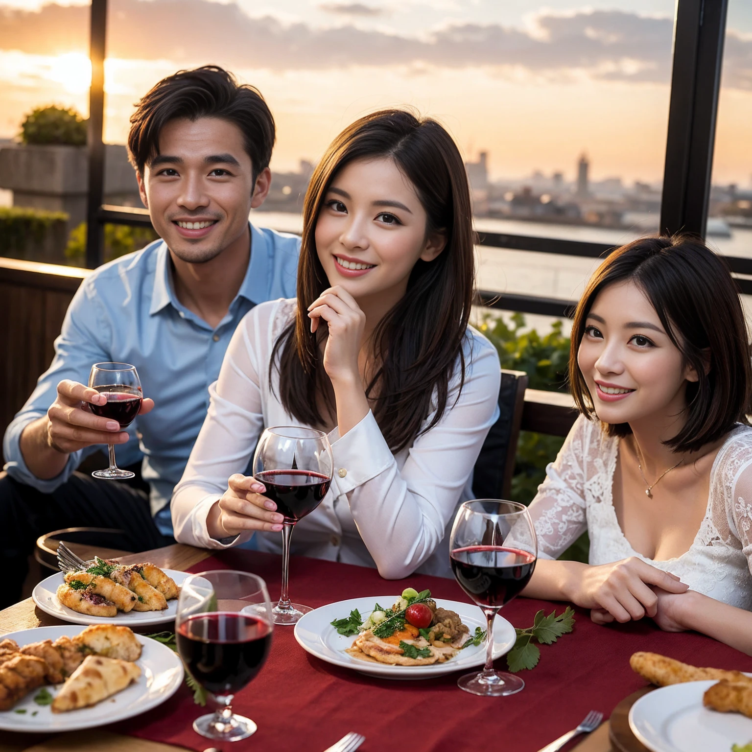 ((Highest quality、8k、masterpiece:1.3))、 (Genuineistic, Genuine、Bright image、Intricate details:1.2), Best smile 1 man 1 woman、Beautiful Couple、Lovers、Relatives and friends、actress couple、couple、Model Couple、Smile、A full-course dinner with a full table、テーブルにwine glass、 (Slim face), (The body is slim), (Brown Hair), (short hair), Please shine a light on my face、 Amazing view of the sunset sky and clouds、 (age 34), 38 years old, red wine 、Appetizers、Wine bottle、sparkling wine、Long sleeve shirt、dress、White wine, red wine, wine glass,