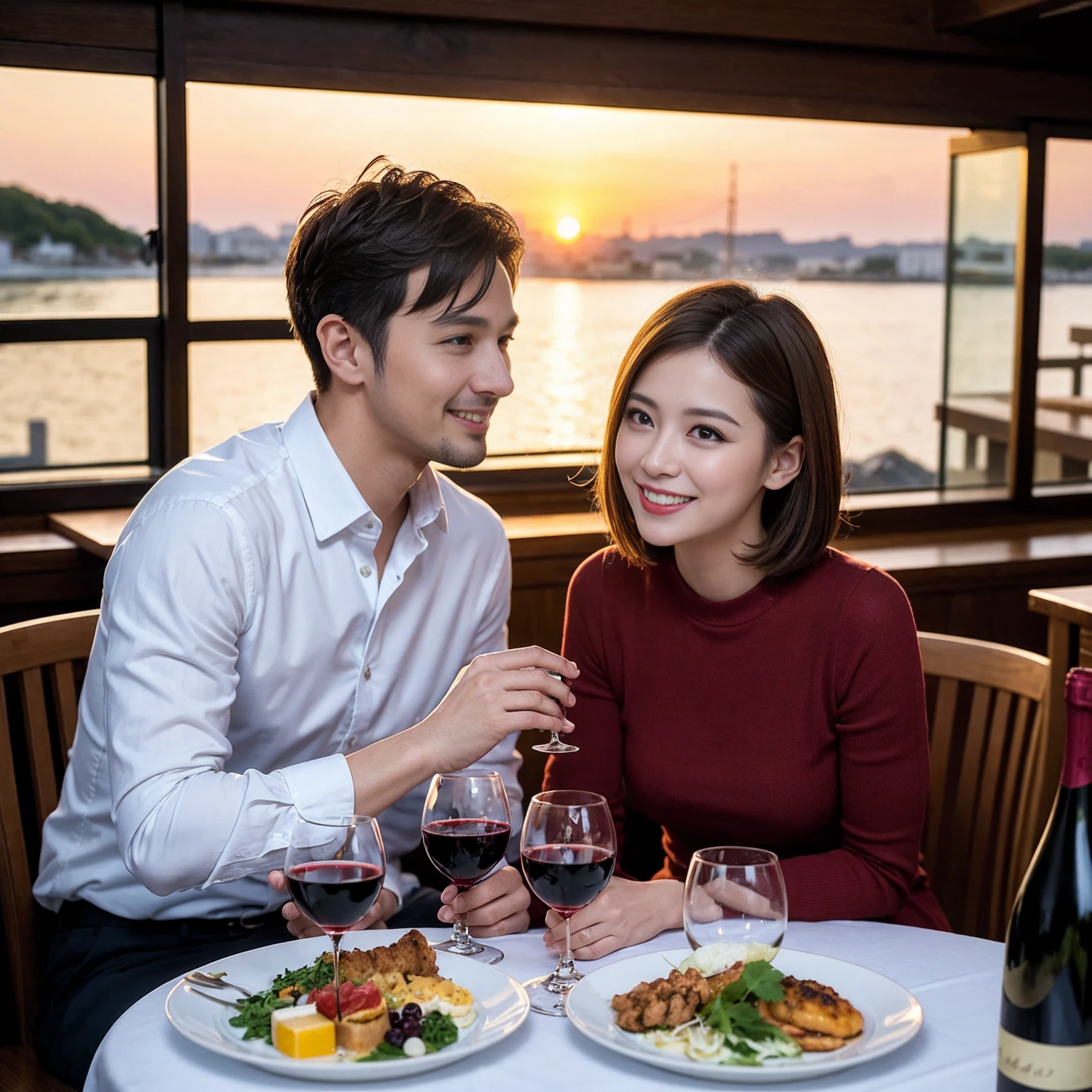 ((Highest quality、8k、masterpiece:1.3))、 (Genuineistic, Genuine、Bright image、Intricate details:1.2), Best smile 1 man 1 woman、Beautiful Couple、Lovers、Relatives and friends、actress couple、couple、Model Couple、Smile、A full-course dinner with a full table、テーブルにwine glass、 (Slim face), (The body is slim), (Brown Hair), (short hair), Please shine a light on my face、 Amazing view of the sunset sky and clouds、 (age 34), 38 years old, red wine 、Appetizers、Wine bottle、sparkling wine、Long sleeve shirt、dress、White wine, red wine, wine glass,