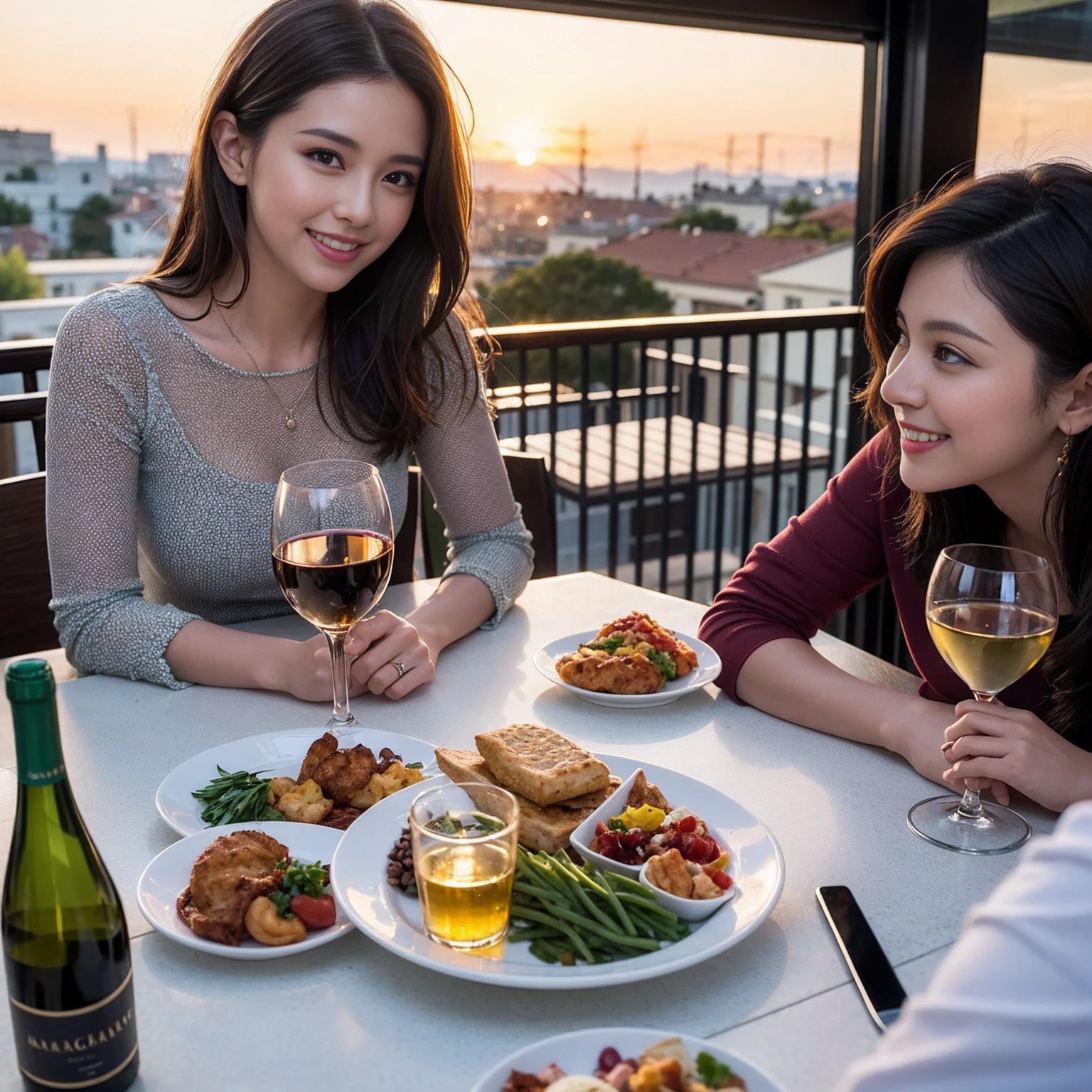 ((Highest quality、8k、masterpiece:1.3))、 (Genuineistic, Genuine、Bright image、Intricate details:1.2), Best smile 1 man 1 woman、Beautiful Couple、Lovers、Relatives and friends、actress couple、couple、Model Couple、Smile、A full-course dinner with a full table、テーブルにwine glass、 (Slim face), (The body is slim), (Brown Hair), (short hair), Please shine a light on my face、 Amazing view of the sunset sky and clouds、 (age 34), 38 years old, red wine 、Appetizers、Wine bottle、sparkling wine、Long sleeve shirt、dress、White wine, red wine, wine glass,