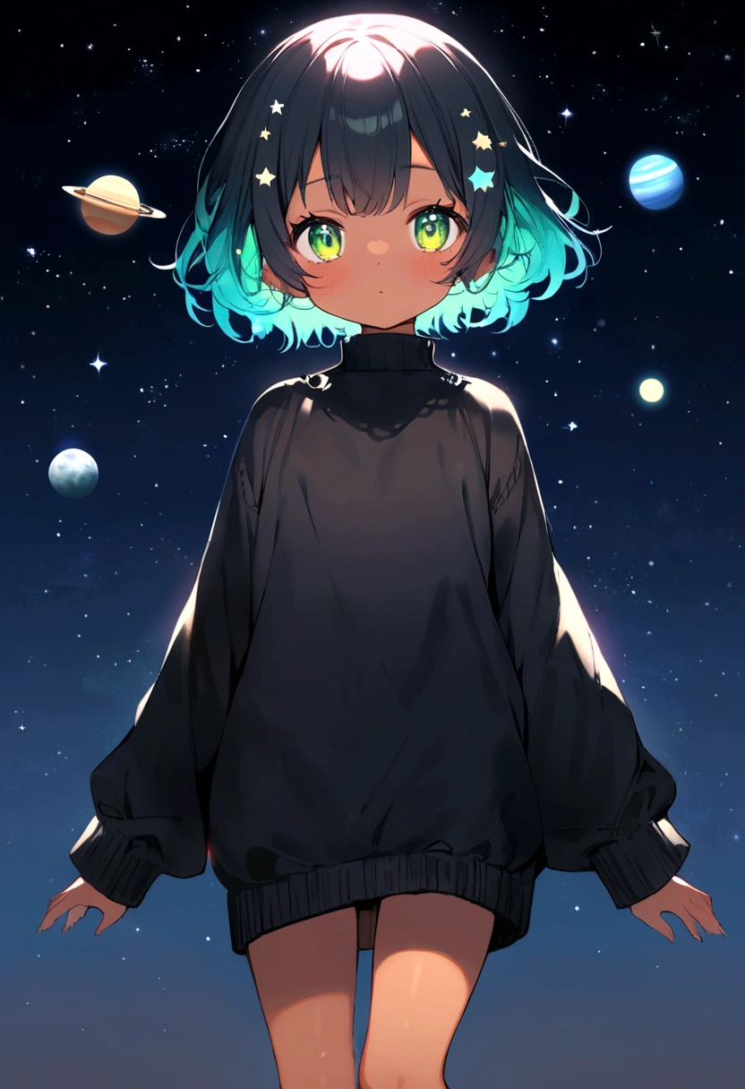 Sky, it's night, the night is full of stars, there are planets in the sky, bright colors, Loli, short hair, galaxy hair, green eyes, tanned, black sweater, bare legs,