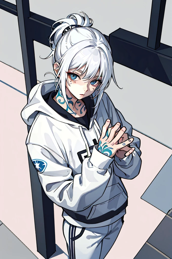 (masterpiece:1.2, best quality), (1girl, solo:1.2), crossed hands,straight pov, white hair, white hoddie, sport pants, (tattoos), room, crossed hands