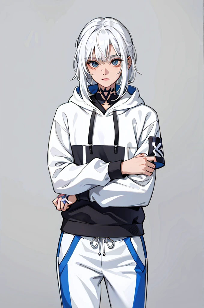 (masterpiece:1.2, best quality), (1girl, solo:1.2), crossed hands,straight pov, white hair, white hoddie, sport pants, (tattoos), room, crossed hands