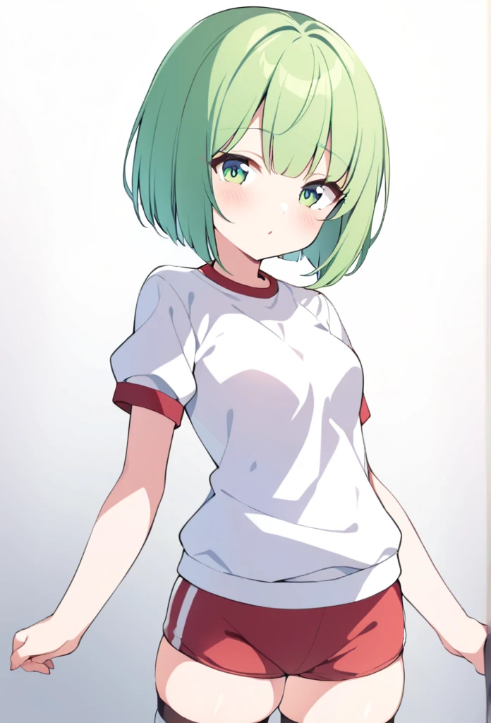 1 girl, cute, young, green hair, bob haircut, green eyes, gym clothes, thigh high,