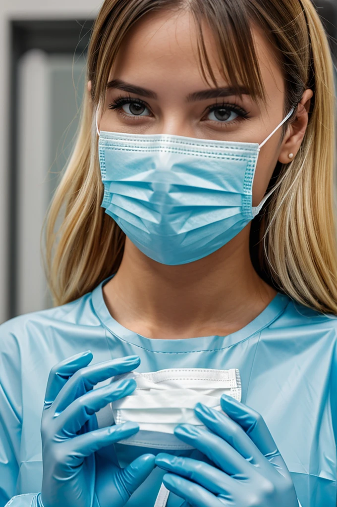 Girl wearing long latex gloves and surgical mask