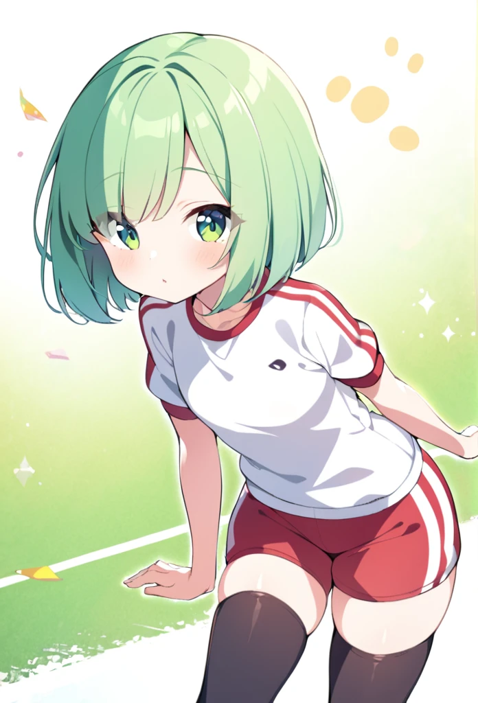 1 girl, cute, young, green hair, bob haircut, green eyes, gym clothes, thigh high,