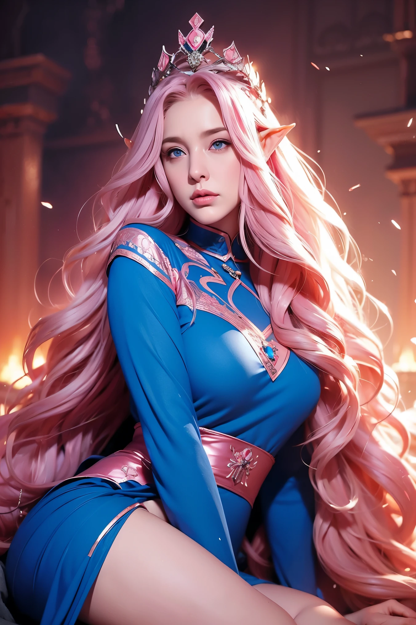 Woman, long wavy hair, pink hair, blue eyes, empress, crown, chin up, thoughtless, serious, serious expression, Authoritarian, elf,  Medieval setting, elf, Curvy, thick thighs 