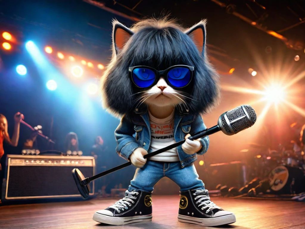 Cute anthropomorphic kitten fluffy cartoon with very long hair black with bangs, singing with microphone in hand (black sunglasses with oval lenses) by Joey Ramone digital painting 3d cosplay Ramones pants jeans, All Star shoes in the background concert stage with several lights blue, isometric view, Cinematic, Hyperrealistic, Backlit, Extremely low angle, Highly detailed, scaled down, Unrealistic rendering, 16K