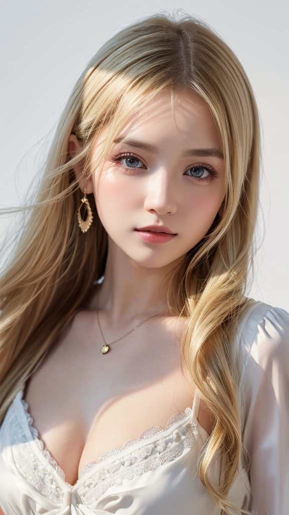 masterpiece, Highest quality, alone, One girl, Glowing Skin, Hoop Earrings, glamorous, Whimsical details, Slicked back hair, Fascinating, Shallow depth of field, Contrasting, Professional models, Facing forward, Portraiture 、((Golden hair color:1.4)),((Completely naked))、(((nsfw)))