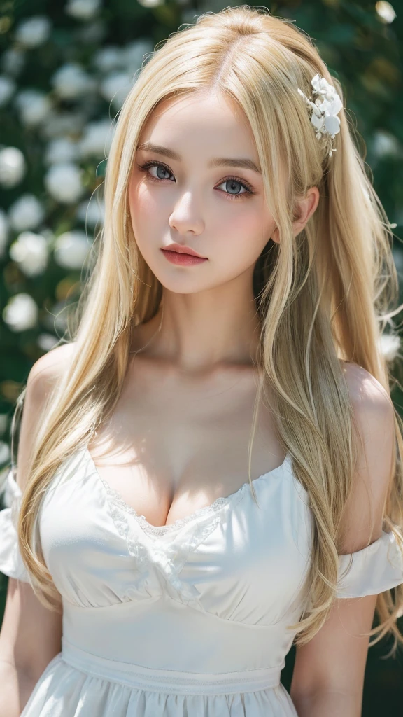 (((Blonde、forehead、long hair、White background、dress、Russia、Northern Europe、シンプルなWhite background、Light in face)))、masterpiece, Highest quality, 8k,, 20th Generation, (Large Breasts:1.2), Background is white, cute, alone, sad, close, cute, Girlish, Delicate girl, Pure beauty, RAW Photos, Professional photography, Portraiture, Soft Light, Professional Lighting, Upper Body, Sophisticated, Film Grain, (Eye and facial details:1.0) , Beautiful, flowing hair, Silk blouse,