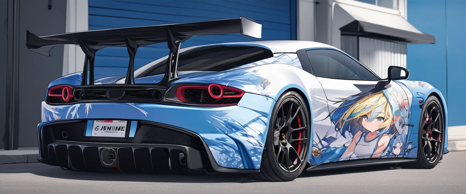 (Highest quality、Very detailed、Very detailed and beautiful、Ultra-high resolution) 、((A sports car with an anime girl printed on the hood))、Car wrapping,Blue Hair女子高生のプリント、{Blue Hair、Short Bob Hair}, ,{Dark Blue Blazer、White shirt、Blue ribbon、White pleated skirt、pantyhose}