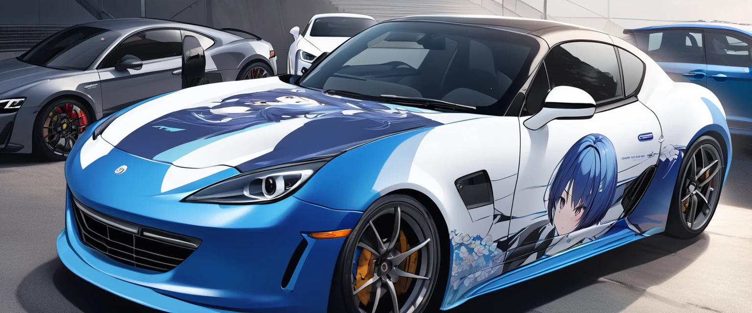 (Highest quality、Very detailed、Very detailed and beautiful、Ultra-high resolution) 、((A sports car with an anime girl printed on the hood))、Car wrapping,Blue Hair女子高生のプリント、{Blue Hair、Short Bob Hair}, ,{Dark Blue Blazer、White shirt、Blue ribbon、White pleated skirt、pantyhose}