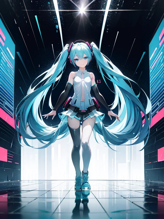 One female body,Stand on your own two feet,Fits your body, Hatsune Miku, Sky blue eyes, Digital wall painting with blue music sheet and keyboard design,A kind smile,Athletic Sneakers ,It rained,Rain falling on the body,Sharp Focus,High resolution, Super sharp, 8k, masterpiece,