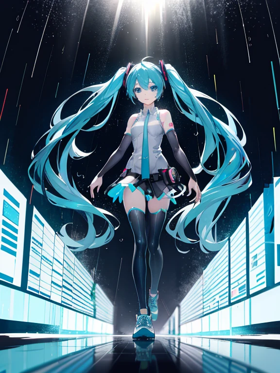 One female body,Stand on your own two feet,Fits your body, Hatsune Miku, Sky blue eyes, Digital wall painting with blue music sheet and keyboard design,A kind smile,Athletic Sneakers ,It rained,Rain falling on the body,Sharp Focus,High resolution, Super sharp, 8k, masterpiece,