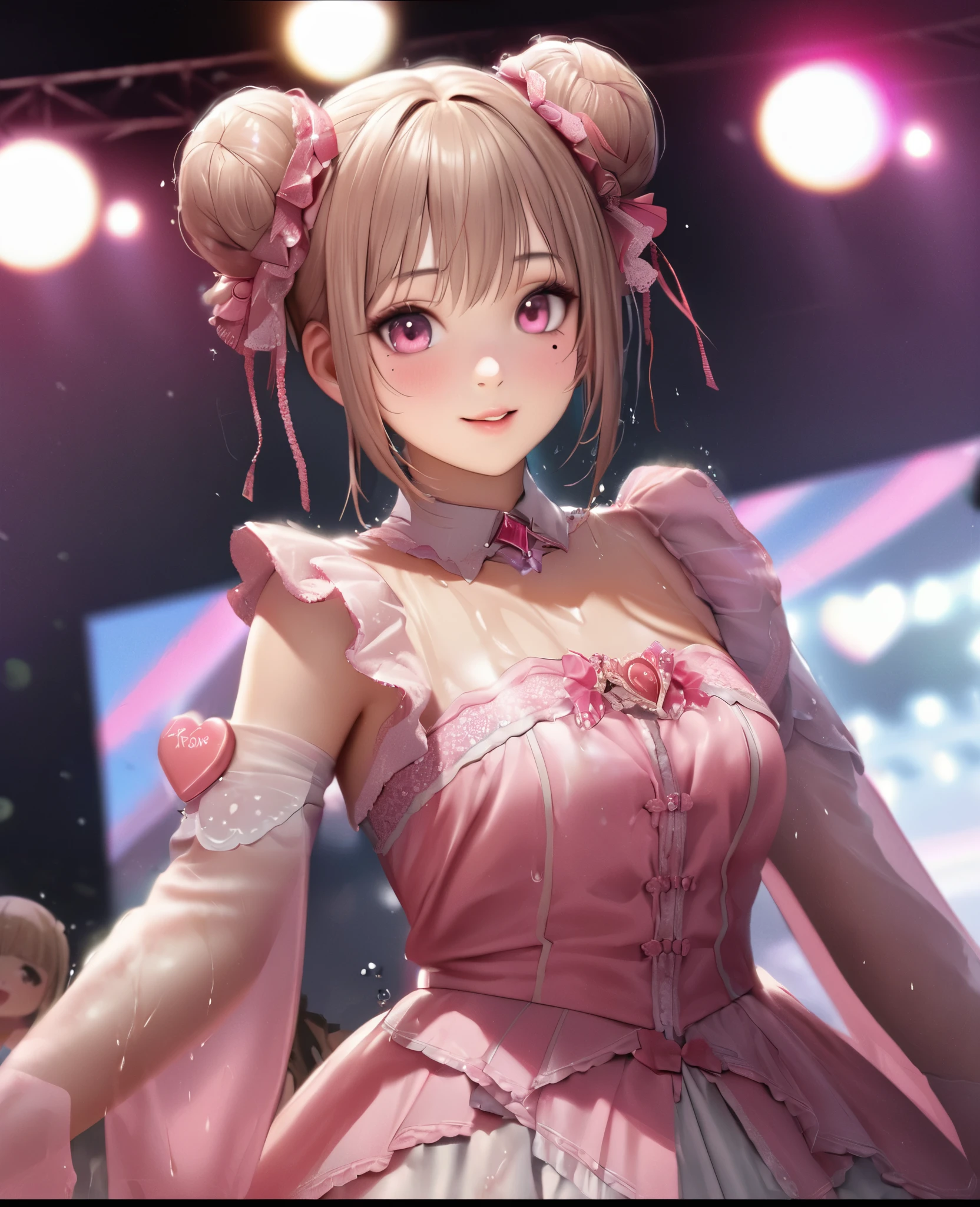 One Girl、Looking at the audience、lovely,
Beautiful pink eyes、Two brown double hair buns , Mole under the eye、Plump and glossy lips、Heart-shaped choca、Idol、Her name is Rico,smile、ー、。.。.。.。.。.。.。.。.。.。.。.。.。.。.。.。.。.。.3D、Realistic、
The idol's costume was soaked in the heavy rain, and her chest was wet and transparent.Heavy rain at outdoor concert, Drape clothes、gem、The decoration has been removed、Floral、Lace trim,On a glittering stage、
masterpiece、highest quality、8k、Detailed skin texture、Detailed cloth texture、Beautifully detailed face、Intricate details、Very detailed、
超A high resolution、8k Ultra HD、Film Grain、Best Shadow、delicate、Gazing at the audience、front