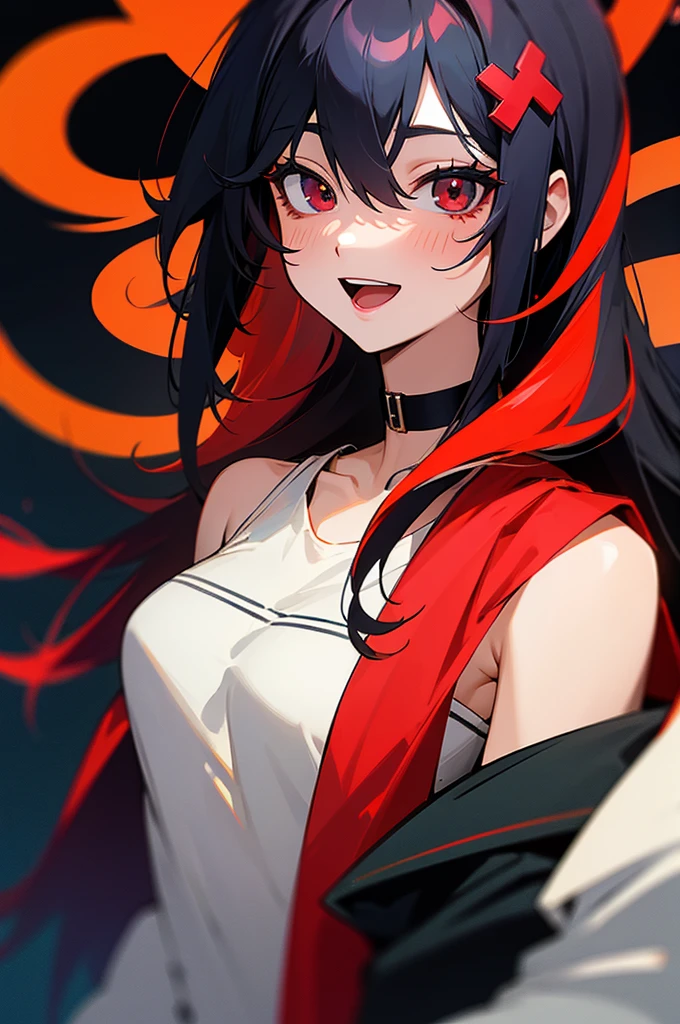 best quality, (masterpiece),(ultra-detailed), (high quality), (high resolution), Evil nimu, portrait, smile, two-tone hair, black choker, upper body, black background, red hair, open mouth, jacket, blush, hair ornament, long hair, hair between eyes, multicolored hair, looking at viewer, choker, black eyes, 1girl, solo, colored inner hair, ???? shoulders, black hair,red eyes,
