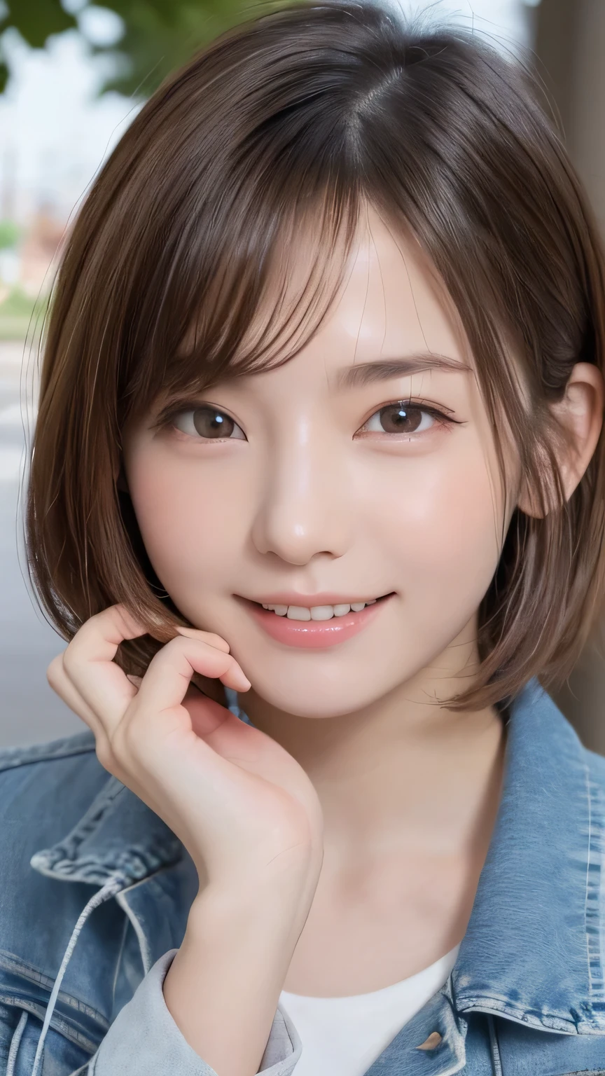closeup shot , Best picture quality (8K, high resolution, Masterpiece: 1.2), super detailed,  215 Short Hair, 16-year-old woman, 

situation: A scene where someone is taking pictures with a camera in the park。
clothing: Fashionable casual clothes（Denim jackets and dresses、sneakers）。Do you let your hair down naturally?、A quick summary。
angle: With a camera、Wide angle shots of people taking pictures of beautiful landscapes and flowers。The moment you press the shutter、Close-up of a person checking the photos they took。Capture the natural beauty of the subject。

Close-up of face 

, random cute pose ,big eyes ,Puffy eyes ,  Heart Pupil, blush  , huge shy smile , salute
