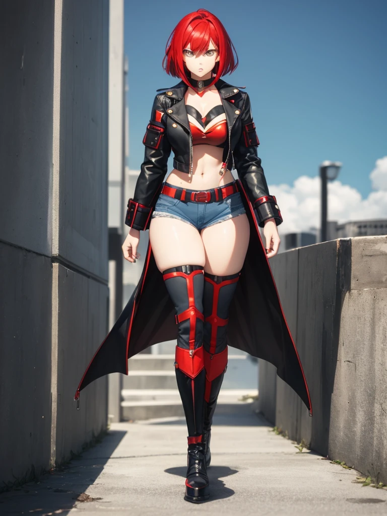 alone woman // super heroine // short shorts, top with neckline, high boots and open jacket // cut red hair // yellow eyes // full body // exposed belly // big breasts (G cup) // red-haired