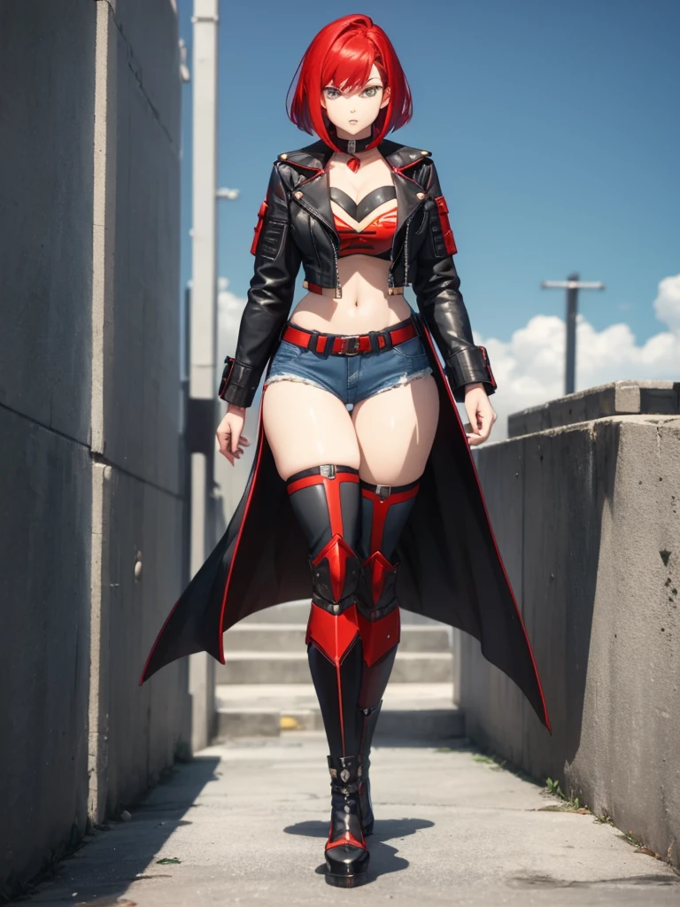 alone woman // super heroine // short shorts, top with neckline, high boots and open jacket // cut red hair // yellow eyes // full body // exposed belly // big breasts (G cup) // red-haired