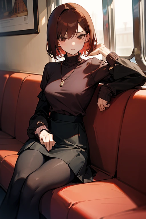 Reddish brown short length hair、Black high neck waffle knit top、Flared sleeves、Tight Skirt、Black Stockings、necklace、sitting in a train seat、tits、slender、